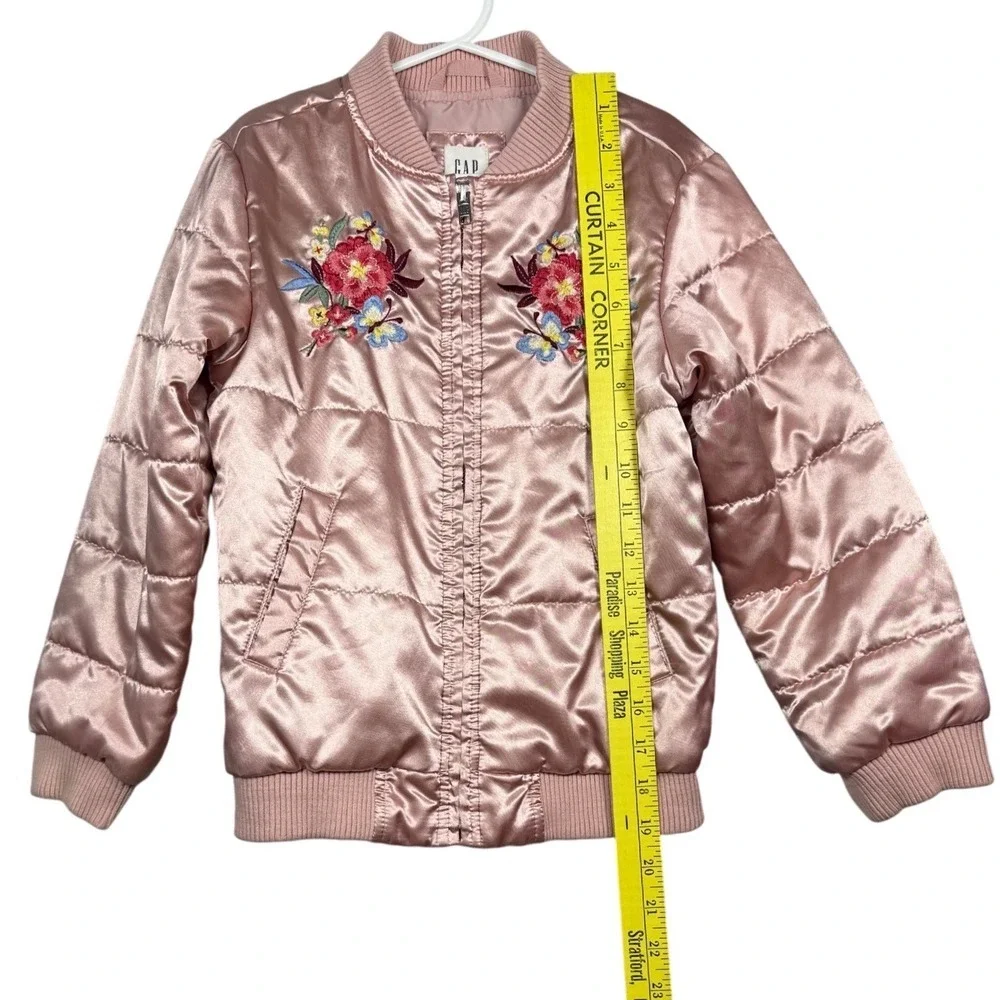 GAP Kids Rose Gold Satin Quilted Bomber Jacket Floral Embroidered Puffer, Small